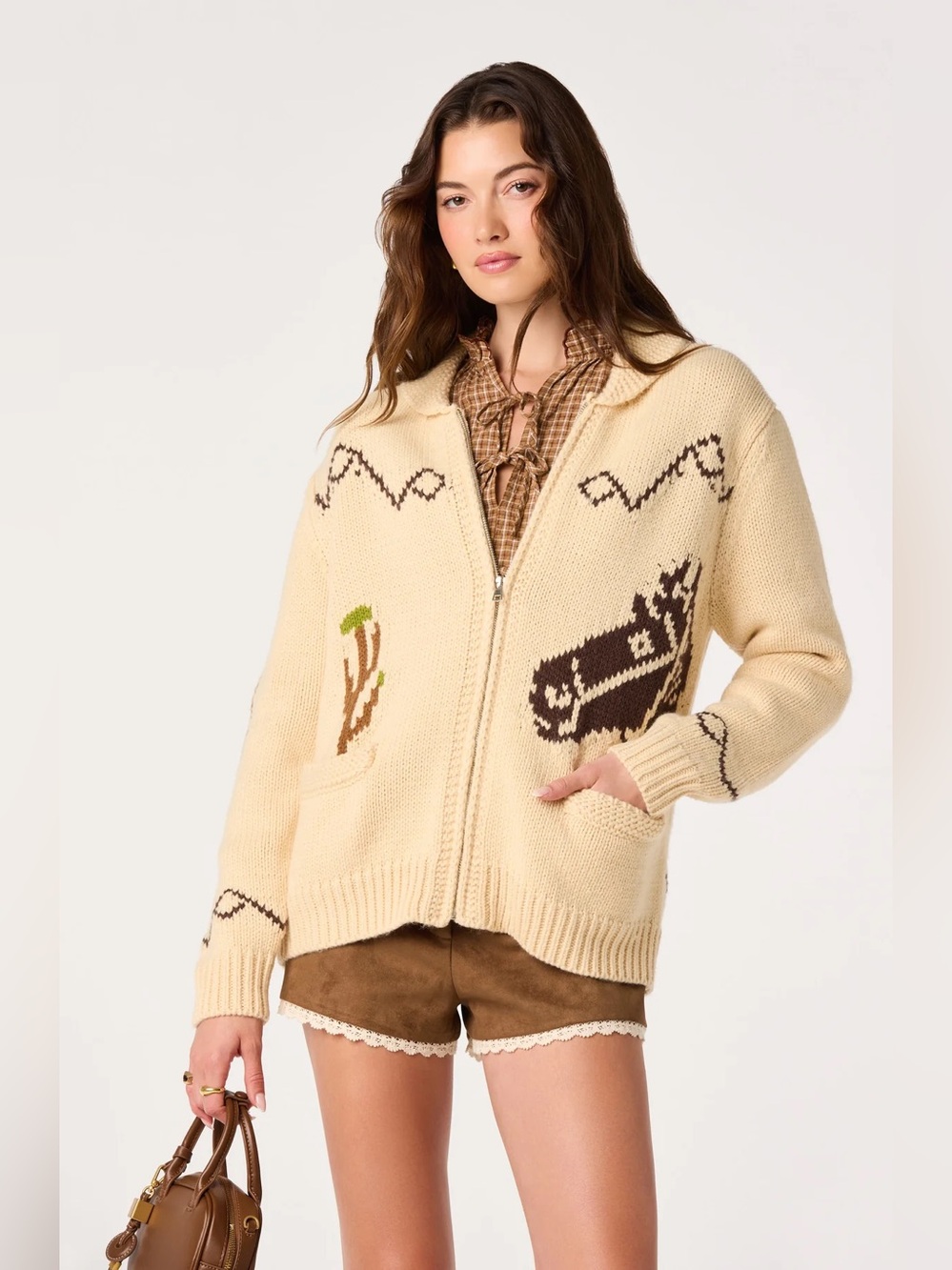 ASTR THE LABEL Ivy Western Intarsia Zip Cardigan XS